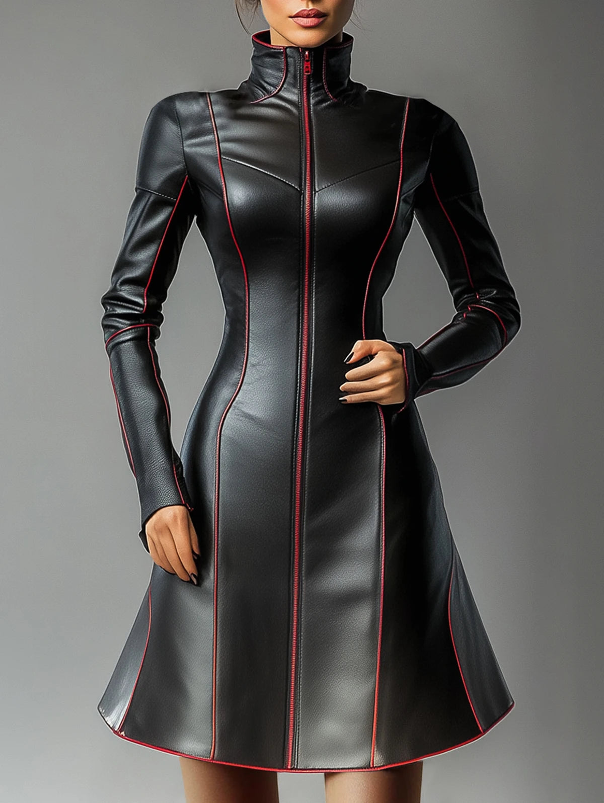 Women's PU Leather Dress A-Line Turtleneck Black Zipper-up Vintage Casual Grunge Gothic Ethnic Chic Long Sleeve Mini Dresses