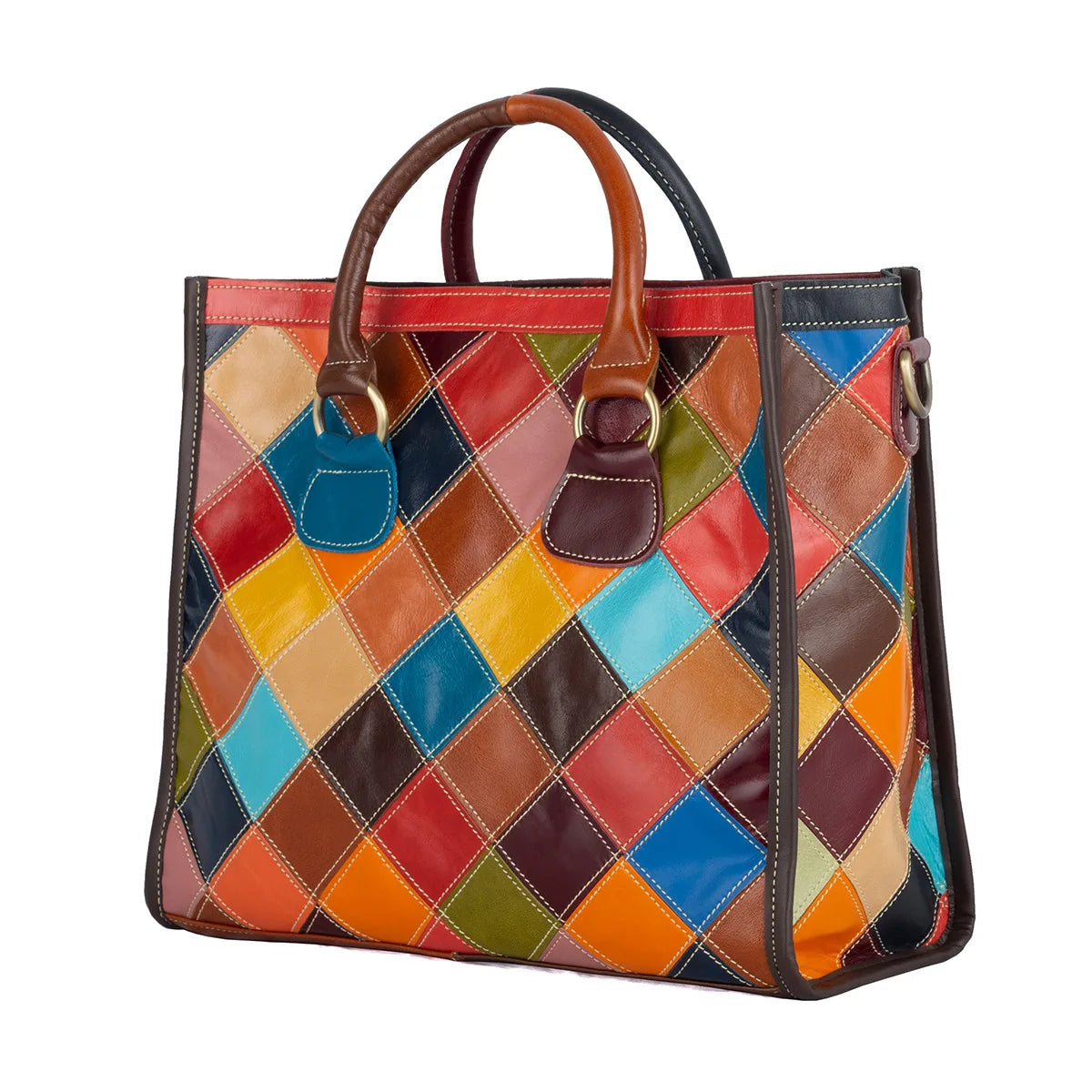 Genuine Leather Color-Contrasting Tote Bag — Black | KIMLUD