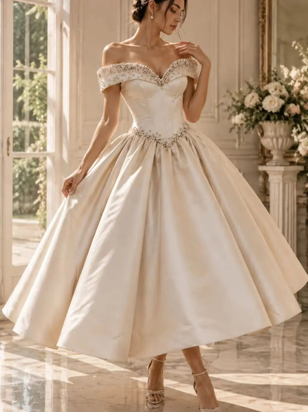Wedding Dress – Pearl Beaded Off Shoulder Satin A-Line – Bridal | KIMLUD