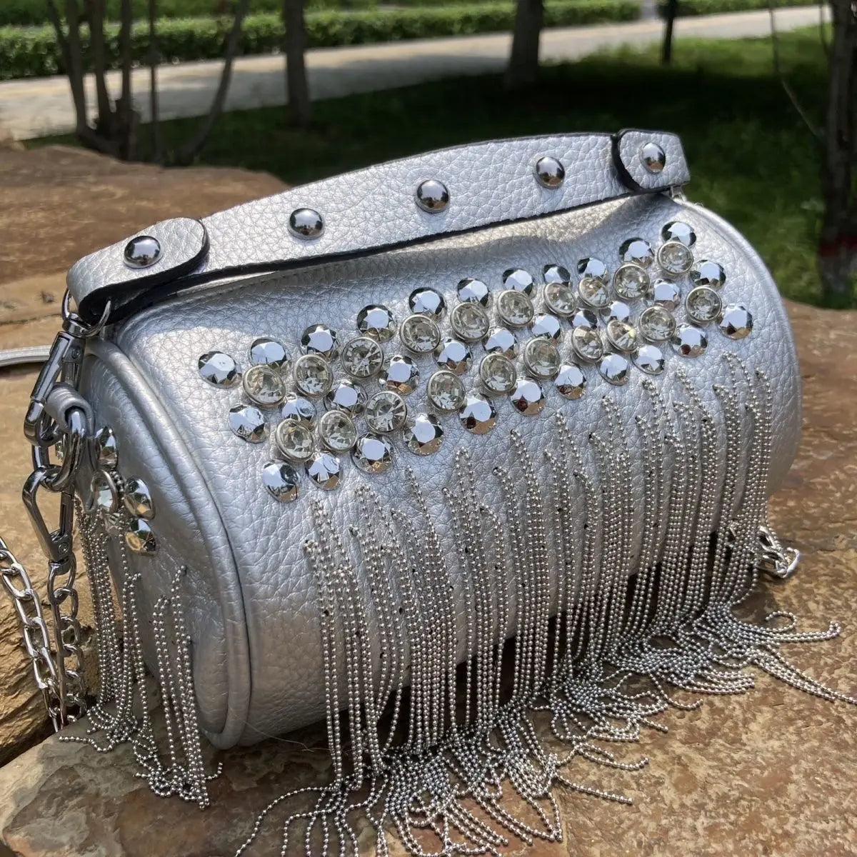 Handbag Mini Tassel Rivet Bucket Bag - Black | KIMLUD