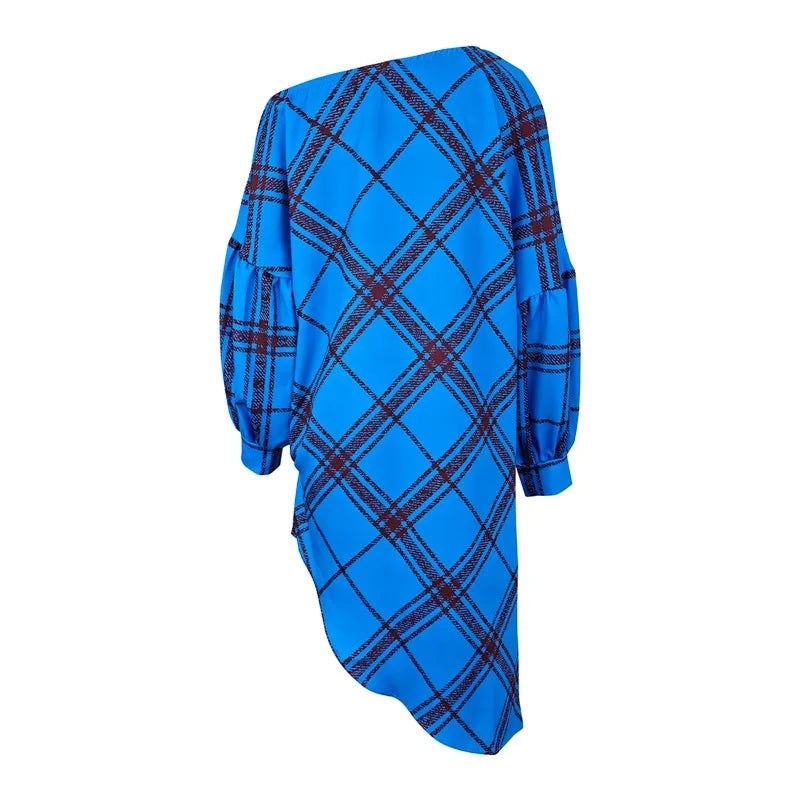 Polyester One Shoulder Dresses Plaid Mini — Multicolor | KIMLUD