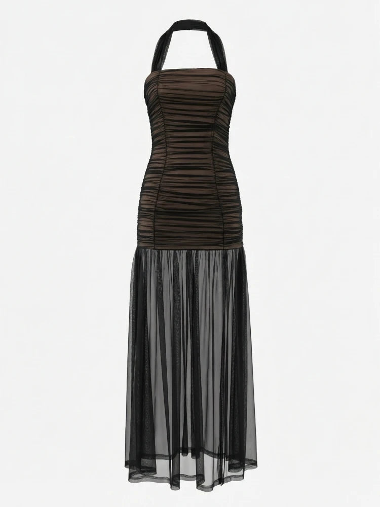 Sexy Halter Neck Mesh Patchwork Ruched Long Dress Women Black Sleeveless Backless Elegant Slim Runway Evening Party Club Dresses