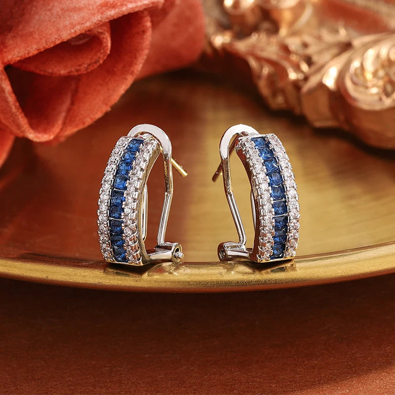 Sterling Silver Stud Earrings Blue Zircon — Blue | KIMLUD