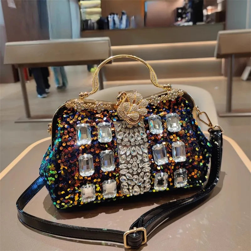 Leather Crystal Sequin Buckle Handbag — Black | KIMLUD
