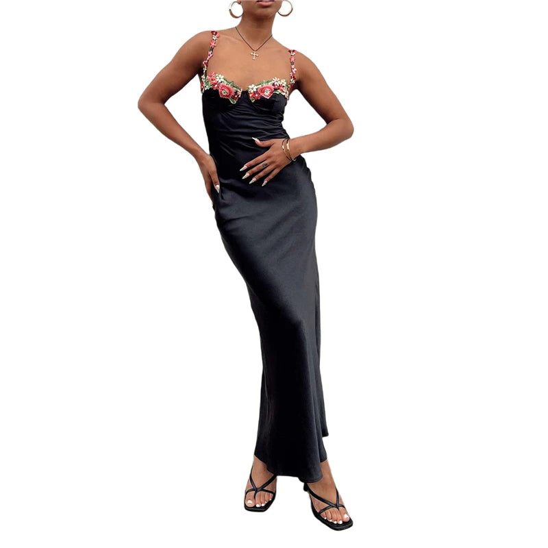 Floral Appliqué Satin Maxi Dress