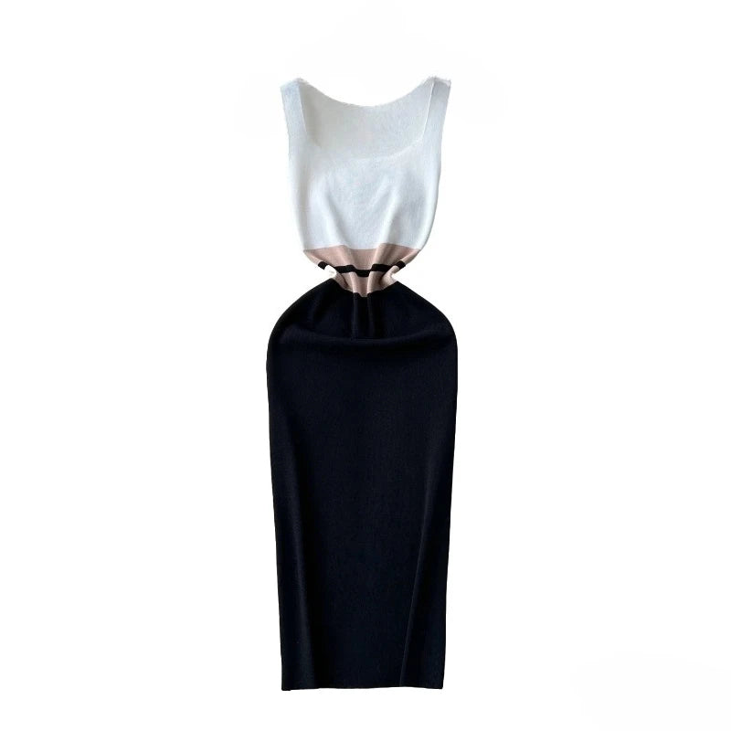 Knit Midi Dress Patchwork Square Neck — White and Black | KIMLUD