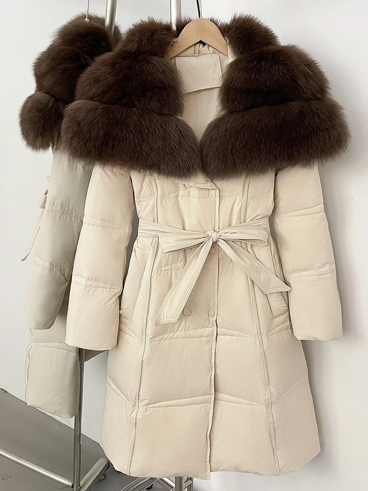 Long Real Fox Fur Collar Down Coat — Natural | KIMLUD