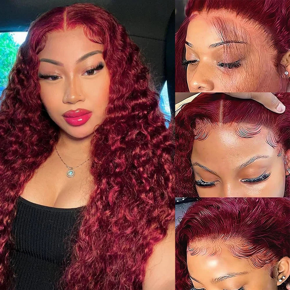 Deep Wave Human Hair Wig HD Lace Frontal 13x4 Burgundy 99J | KIMLUD