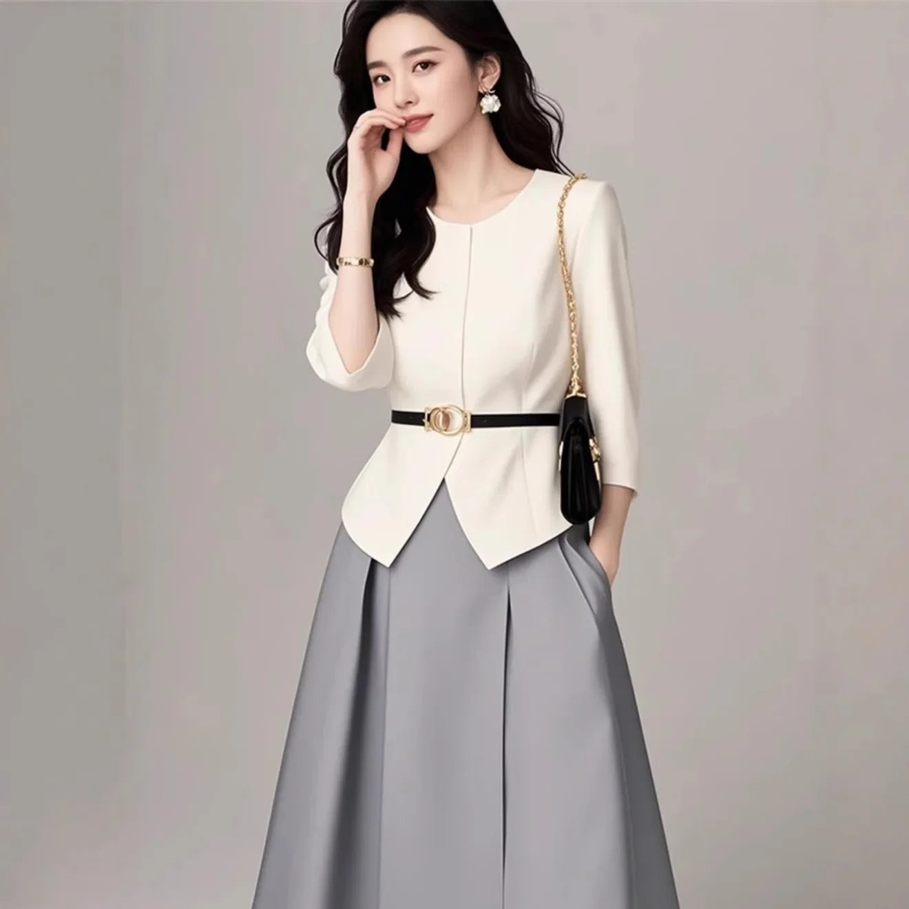 Elegant Commuter Women's Skirt Set Salt System Street Style Powerful Presence High Fashion Long Ankle Polyester Fiber