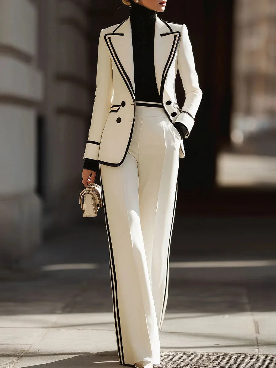 Laminated Polyester Suit Set With Lapel Double Breasted Finishes — White | KIMLUD