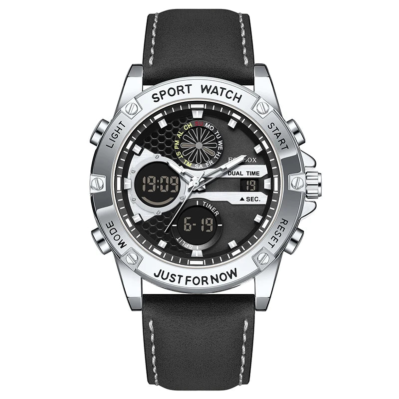 LIGE FOXBOX Fashion Electronic Watches for Men Leather Military Casual Sports Waterproof Dual Digital Display Quartz Chronograph