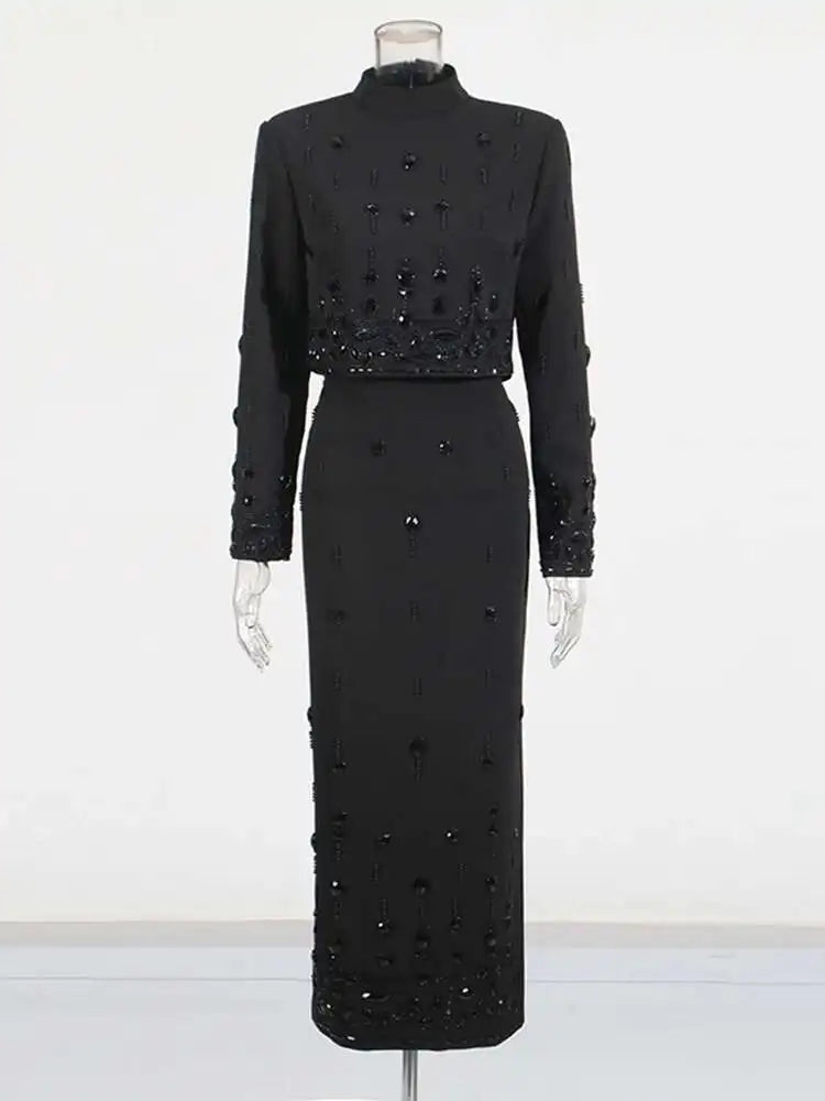 KIMLUD, TWOTWINSTYLE Solid Spliced Diamonds Two Piece Set For Women Stand Collar Long Sleeve Tops High Waist A Line Skirt Set Female New, KIMLUD Womens Clothes