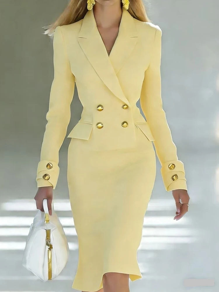 Elegant V-neck Double breasted Blazer Dress Fashion Commute Hight Waist Solid Party Dress Lady Casual Long Sleeve Wrap Hip Dress