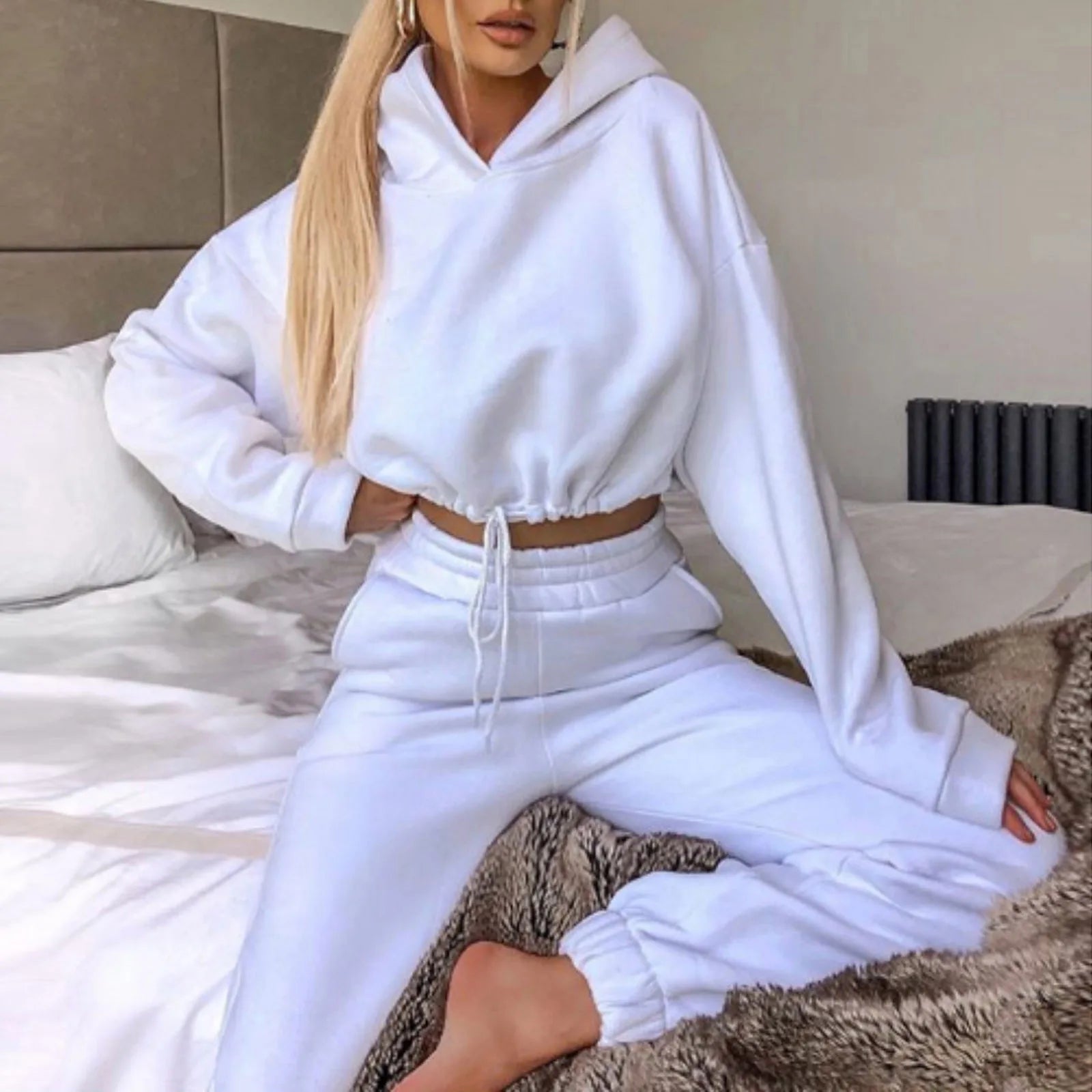 Polyester-Cotton Two-Piece Set Cropped Hooded Top and Joggers — Rose Pink | KIMLUD