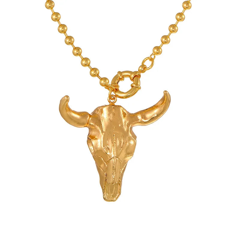 Pendant Necklace – Bull Head Horseshoe – Copper Alloy – Gold | KIMLUD