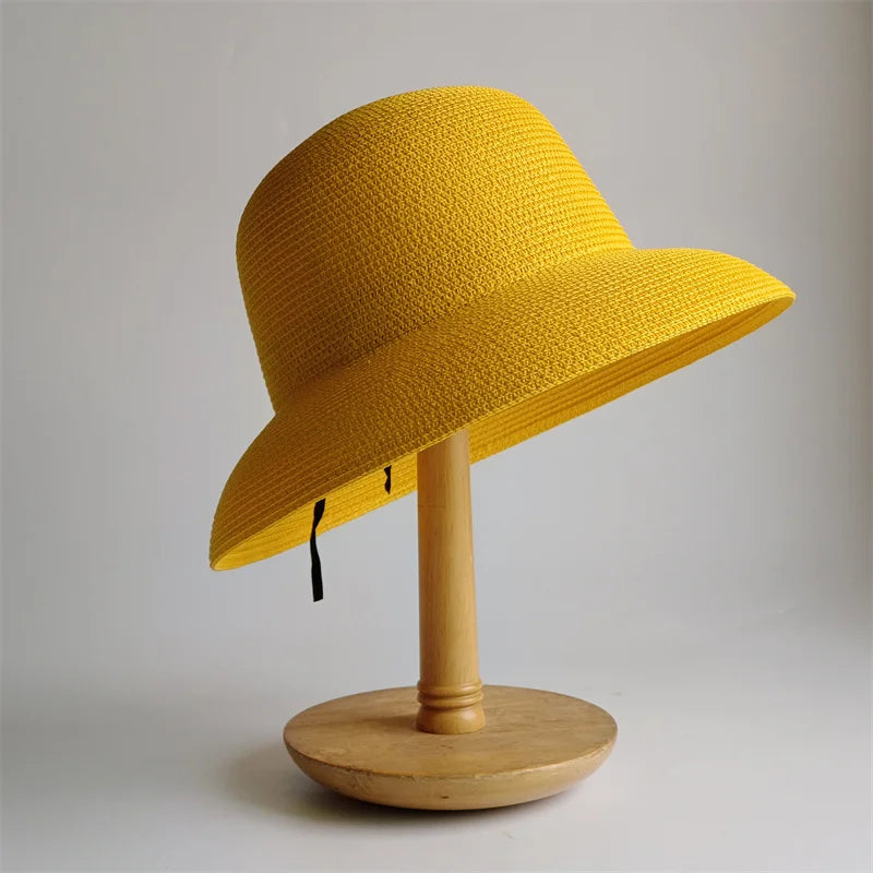 Panama Straw Floppy Sun Hat — Black With Ivory Ribbon | KIMLUD