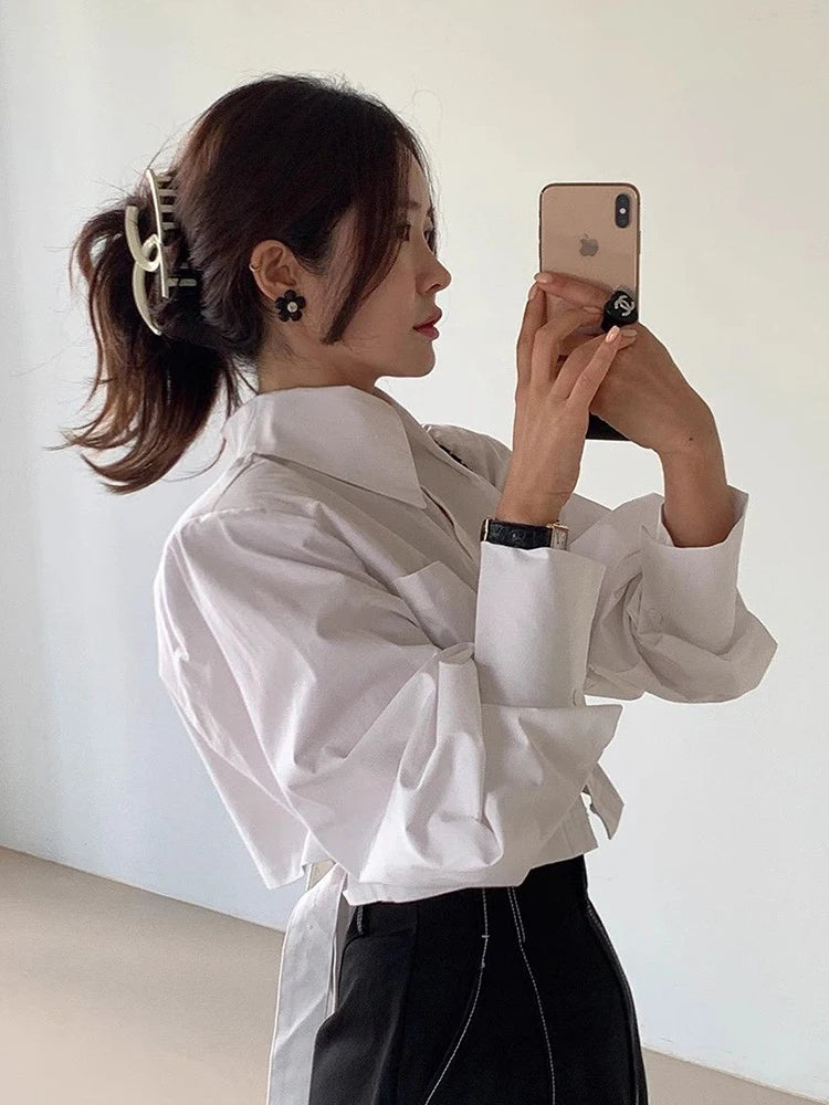 Cropped Cotton Shirt With Back Lace-Up Design And Hollow Out Detailing — White | KIMLUD