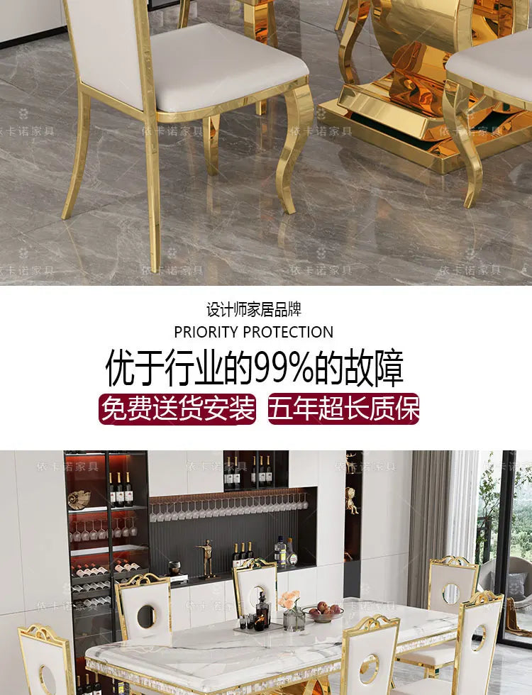 Marble Dining Table Set With Gold-Tone Frame — White | KIMLUD