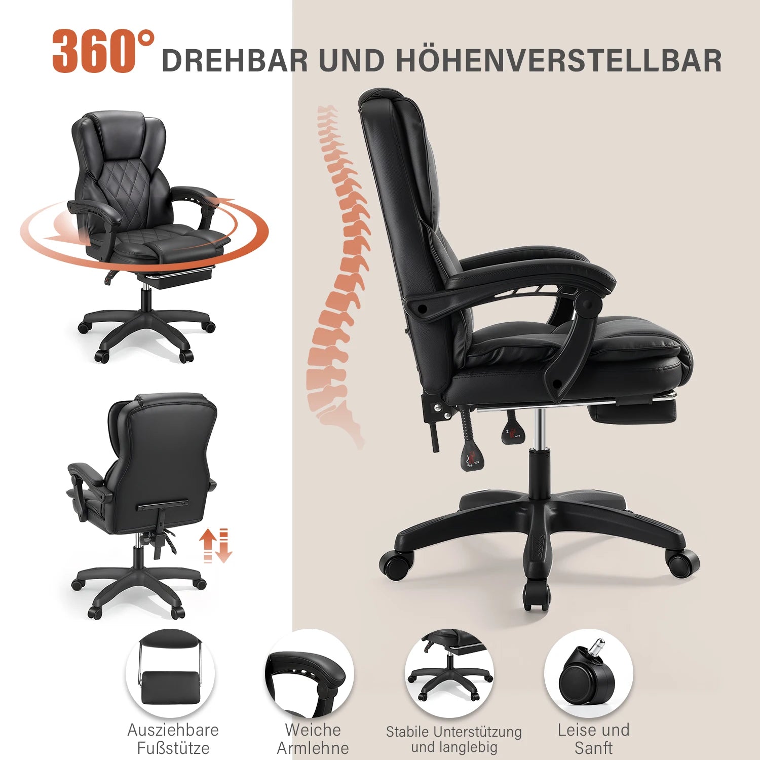 Office Chair - 150Kg Capacity - PU Leather - Black/White | KIMLUD