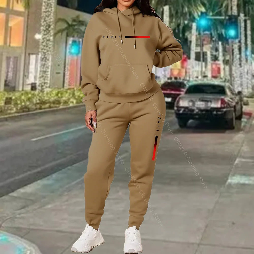 Paris Letter Print Hoodie and Pants Set — Cream | KIMLUD