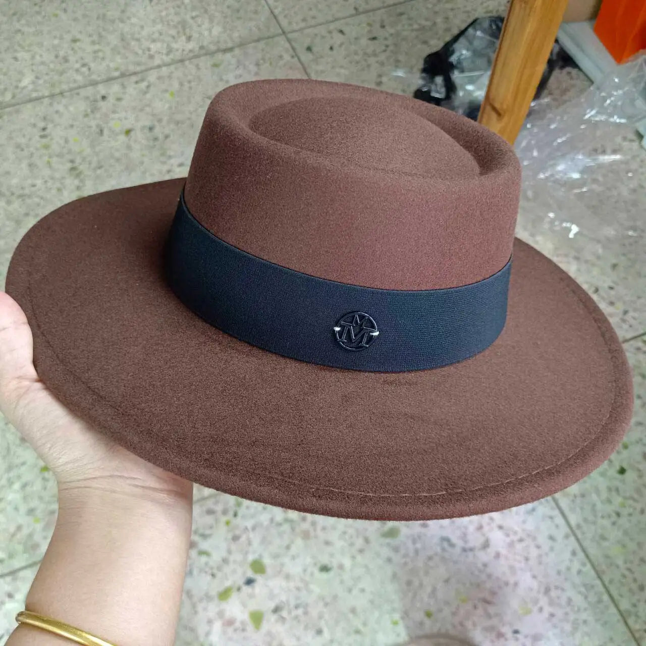 Felt Fedora Hat Flat-Top Wide-Brim — Black | KIMLUD