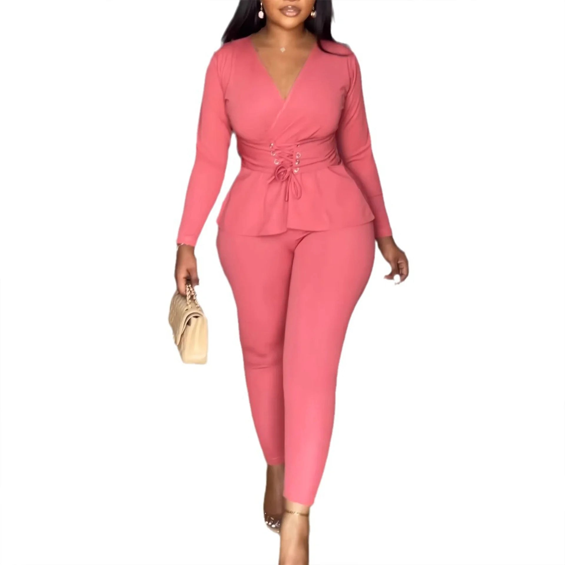 KIMLUD, Pant Set Women Two Piece Sets V Neck Elegnt Work Solid Casual Slim Fit High Waist Tops Matching Sets Long Pants Slim Fit 2025, KIMLUD Womens Clothes