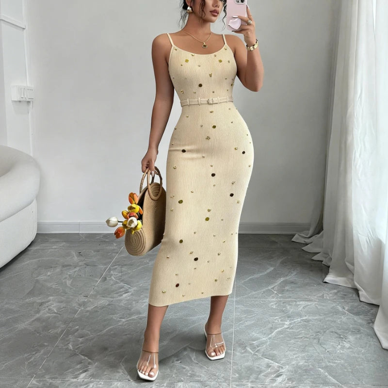 Knit Dot Embellished Bodycon Maxi Dress — Beige | KIMLUD