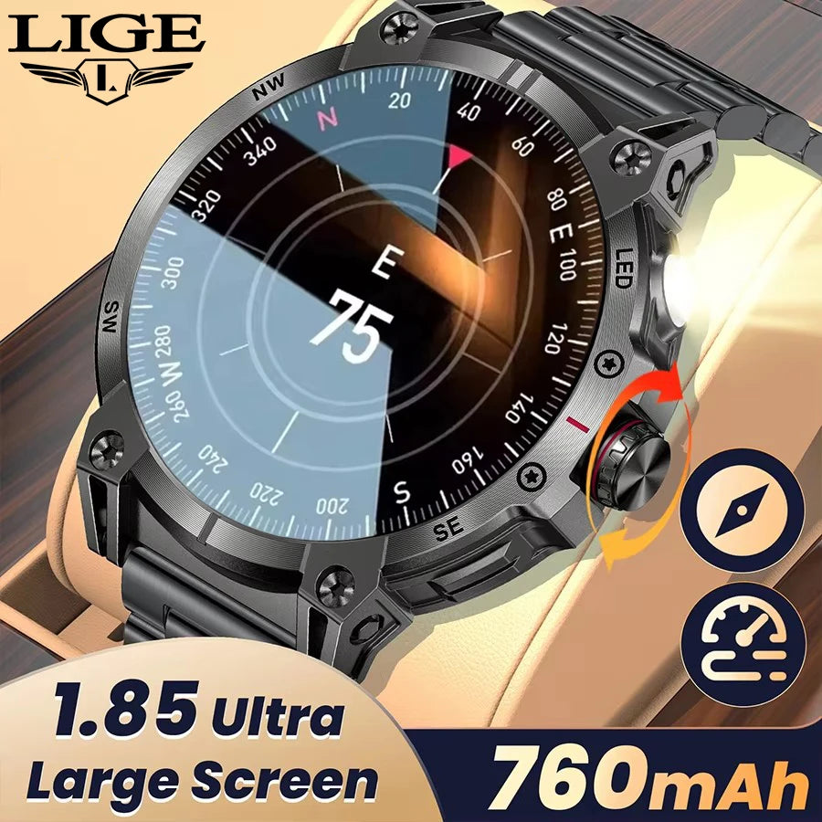 2025 New Military Compass Smart Watch Men 1.85"HD Large Screen Heart Rate Bluetooth Call Waterproof Smartwatch Reloj Inteligente