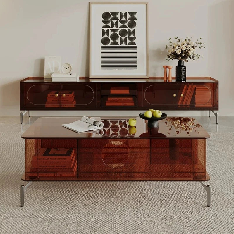 Multifunctional Modern TV Stand With Drawers And Cabinets — Amber Brown | KIMLUD