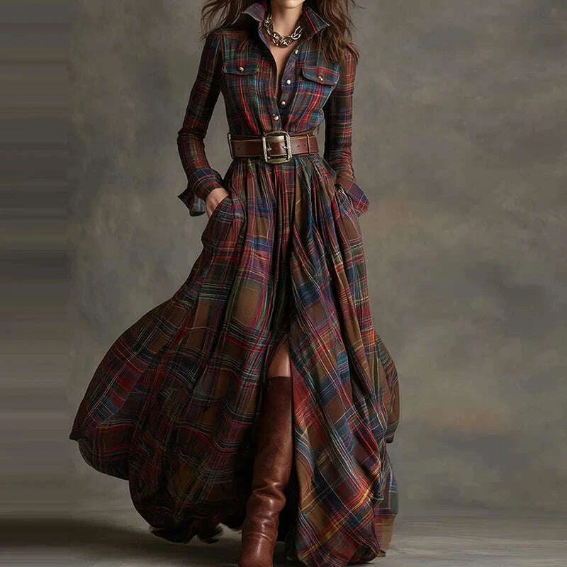 KIMLUD, 2025 Turn-Down Collar Patchwork Party Dress, Women Spring Autumn Long Sleeve Chic Maxi Dress, Plaid Printed Loose Cardigan Dress, KIMLUD Womens Clothes