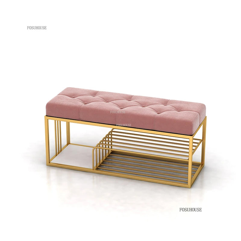 Nordic Iron Shoe Changing Stools Home Living Room Furniture Door Ottomans Light Luxury Cushioned Bench Creative Bed End Stool X