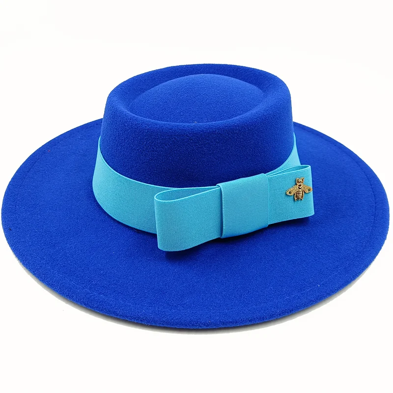 KIMLUD, Wholesale Fedora hats Winter round concave convex surface flat top bow elastic ribbon men&#39;s and women&#39;s felt jazz hats Fedora, 34 / China / 56-58cm, KIMLUD Womens Clothes