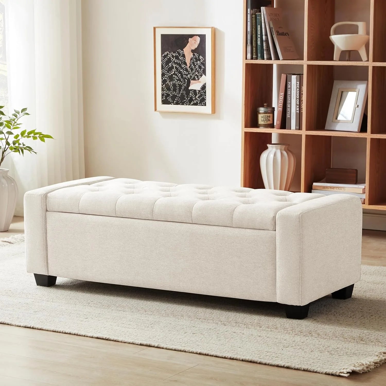 Storage Ottoman Bench with Safety Hinge & Storage, Upholstered Storage Bench with Seating for Bedroom, Living Room, Beige