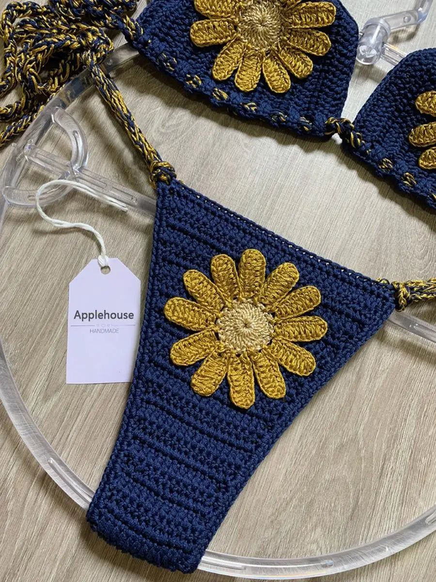 Crochet Bikini Set With Gold Floral Appliqués — Navy | KIMLUD