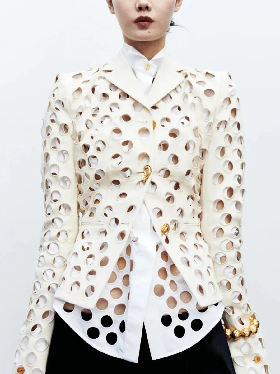 Hollow Out Jacket - Gold Ornament Buttons - Loose Fit | KIMLUD