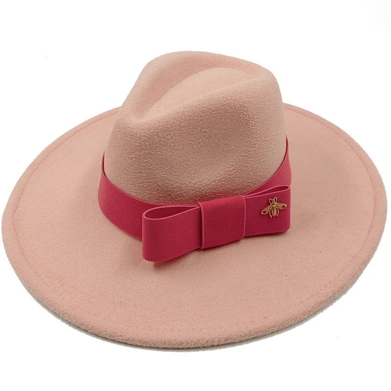 Low price wholesale Fedora hats Winter jazz monochrome bow elastic band men and women red jazz hats Fedora hats sombrero hombre - KIMLUD