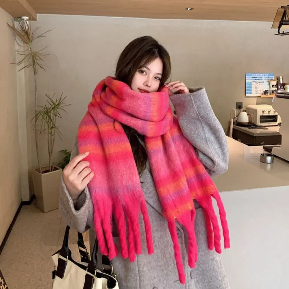Cashmere Mohair Stripe Pattern Scarf With Tassels — Beige | KIMLUD