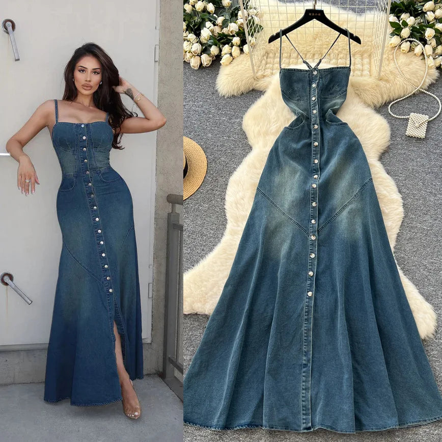 Denim-Inspired Polyester Long Dress Strapless A-Line Silhouette With Sculpted Draping — Blue | KIMLUD