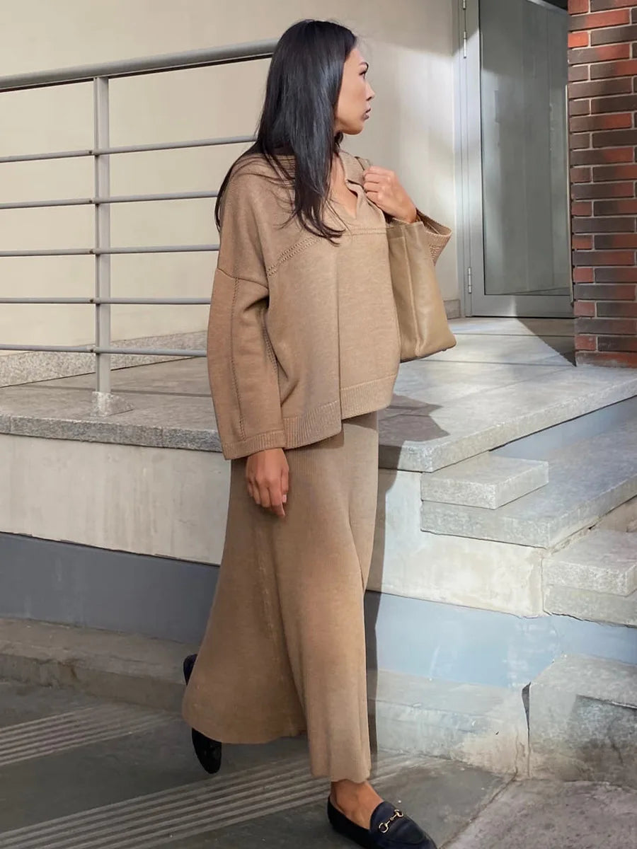 DEAT Fashion Women's 2 Pcs Set V-neck Loose Fit Long Sleeves Sweater High Waist Ankle-length Skirt Suit Autumn 2024 New 7AB4889 - KIMLUD