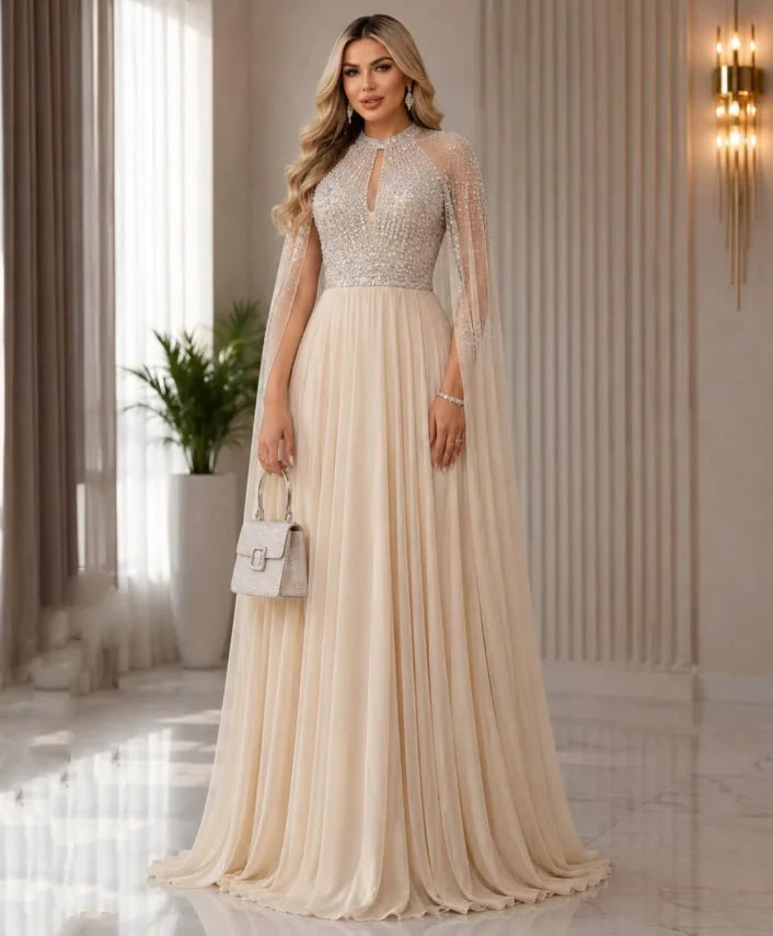 Mother of the Bride Dress – Beaded Cape – Chiffon Maxi – Champagne | KIMLUD