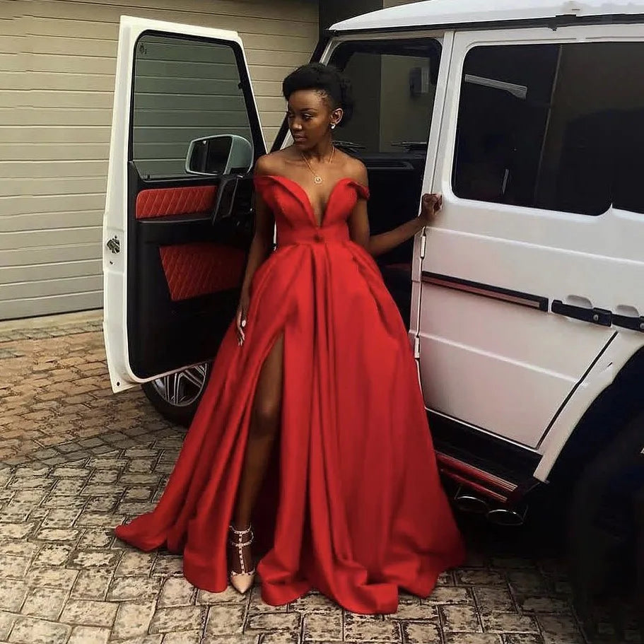 New Couture Long Evening Formal Dress with Split Off Shoulder Draped Prom Gowns Red A Line Long Prom Dresses Off Shoulder