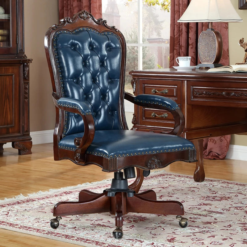 12American Genuine Leather Retro Carved Solid Wood Swivel Chair Office Chair Lift