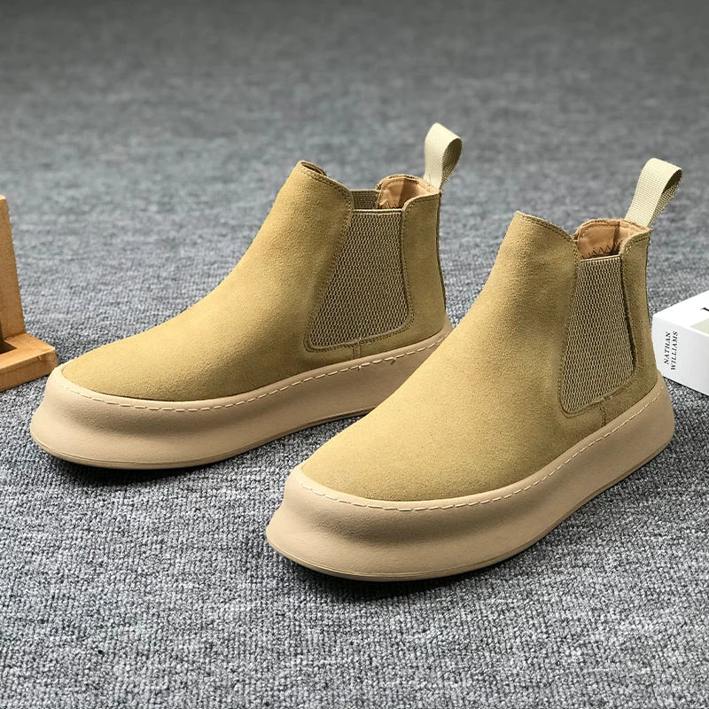 Men Thick Soled Suede Short Boots Retro Autumn Winter Comfortable  Fashionable Height Increasing Boots for Casual Young People