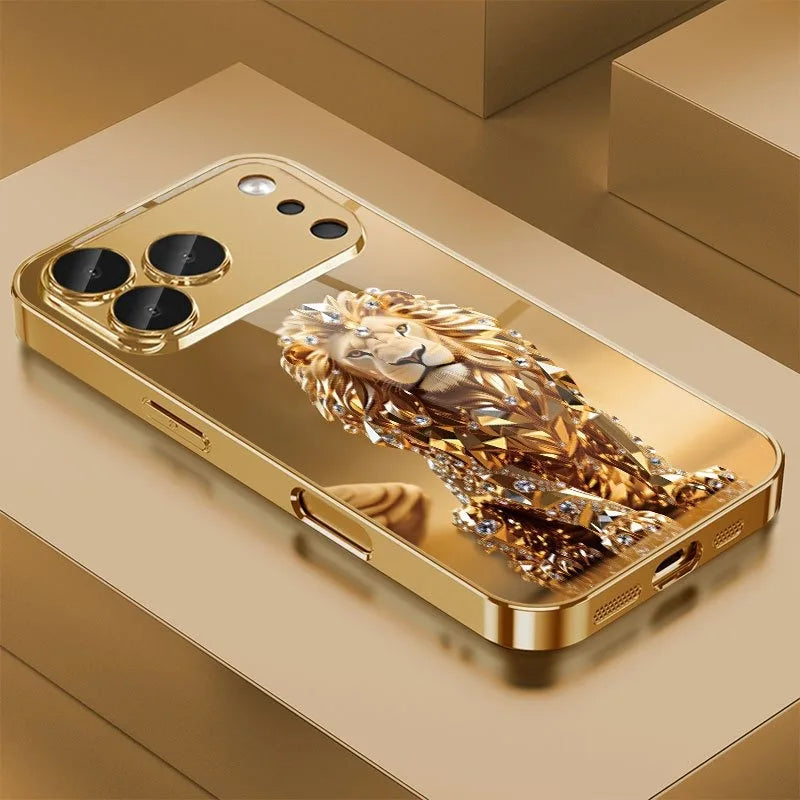 Crystal Gold Glass Phone Case Lion Pattern — Gold | KIMLUD