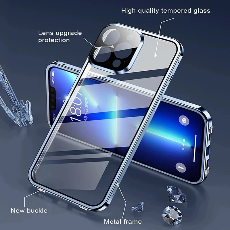 360 Full Protection Metal Magnetic Double Sided Glass Snap Lock Case For iPhone 17 16 15 14 12 13 Pro Max Lens Protection Cover