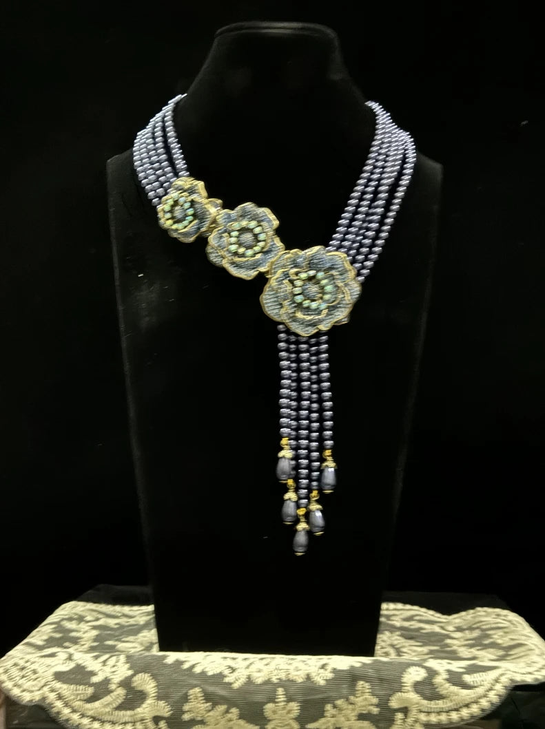 HD Europe and the United States  Retro Literature Sweet Heavy Multi-Layer Glaze Inlaid Shiny Rhinestone Flowers Tassel Necklace