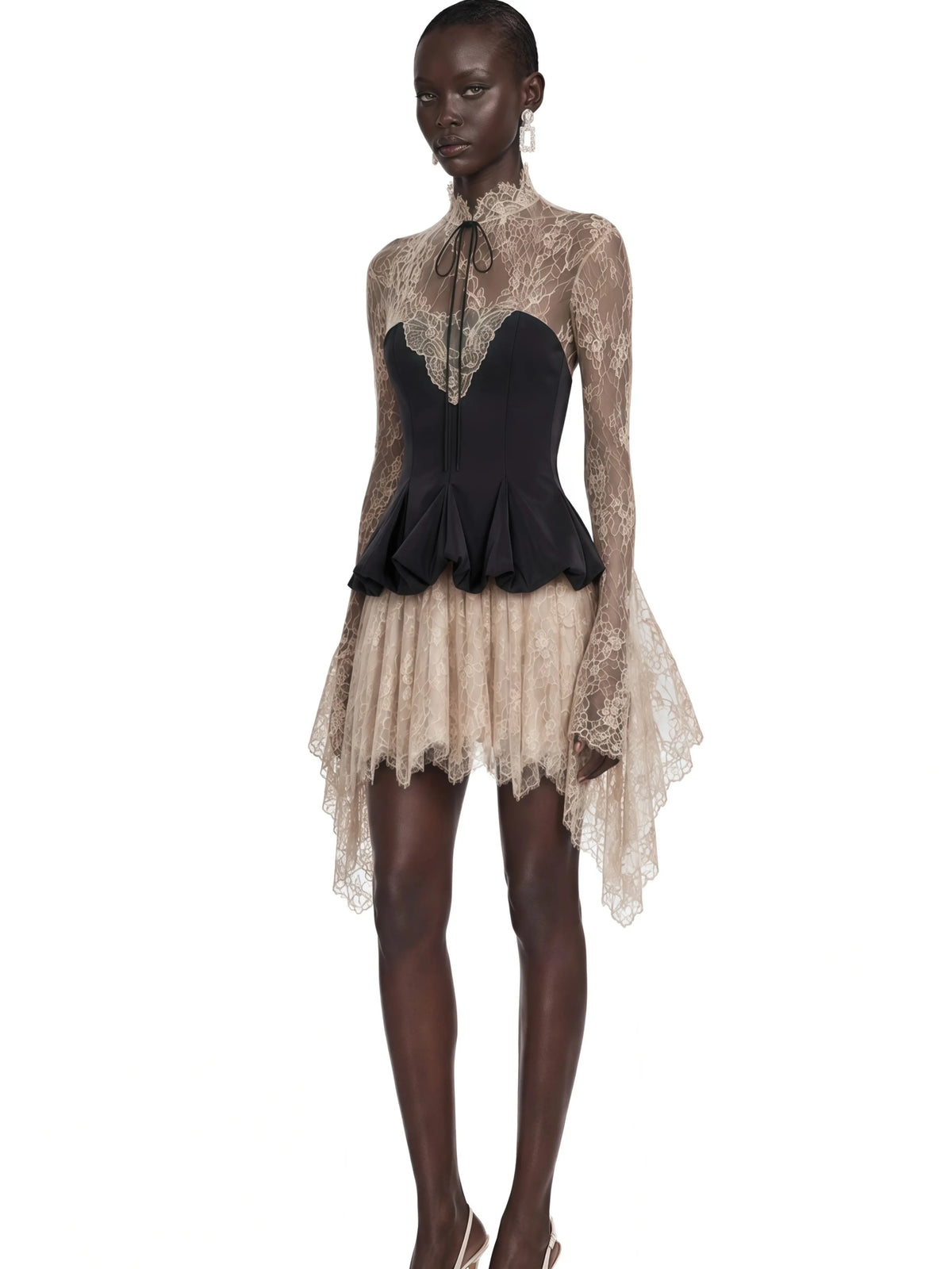 Lace Mini Evening Dress – High Neck Corset – Lace – Black | KIMLUD