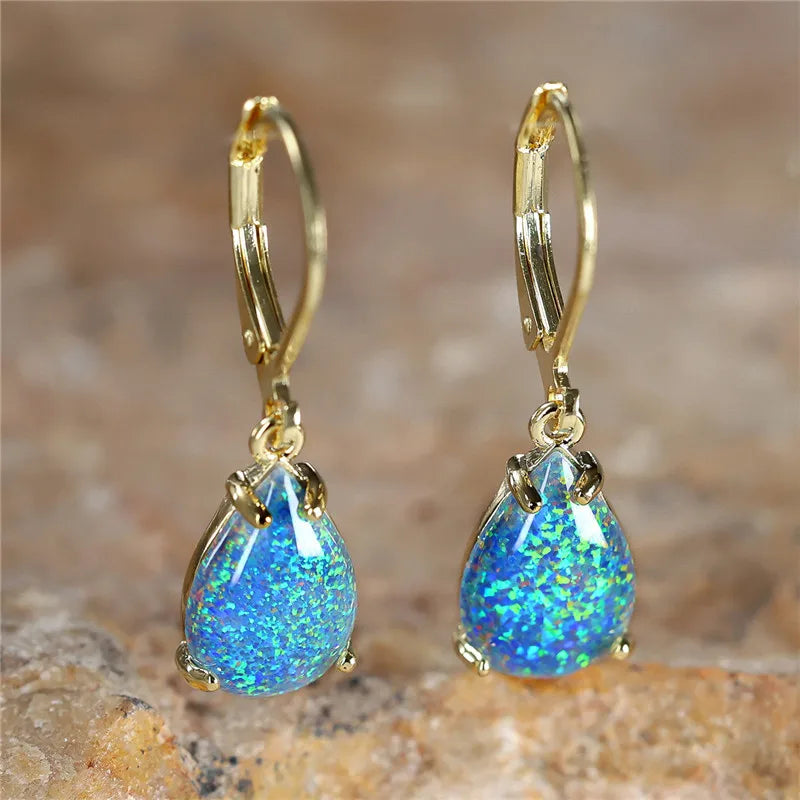 Female White Blue Fire Opal Stone Classic Gold Color Water Drop Earrings Cute Dangle Boho Jewelry For Women