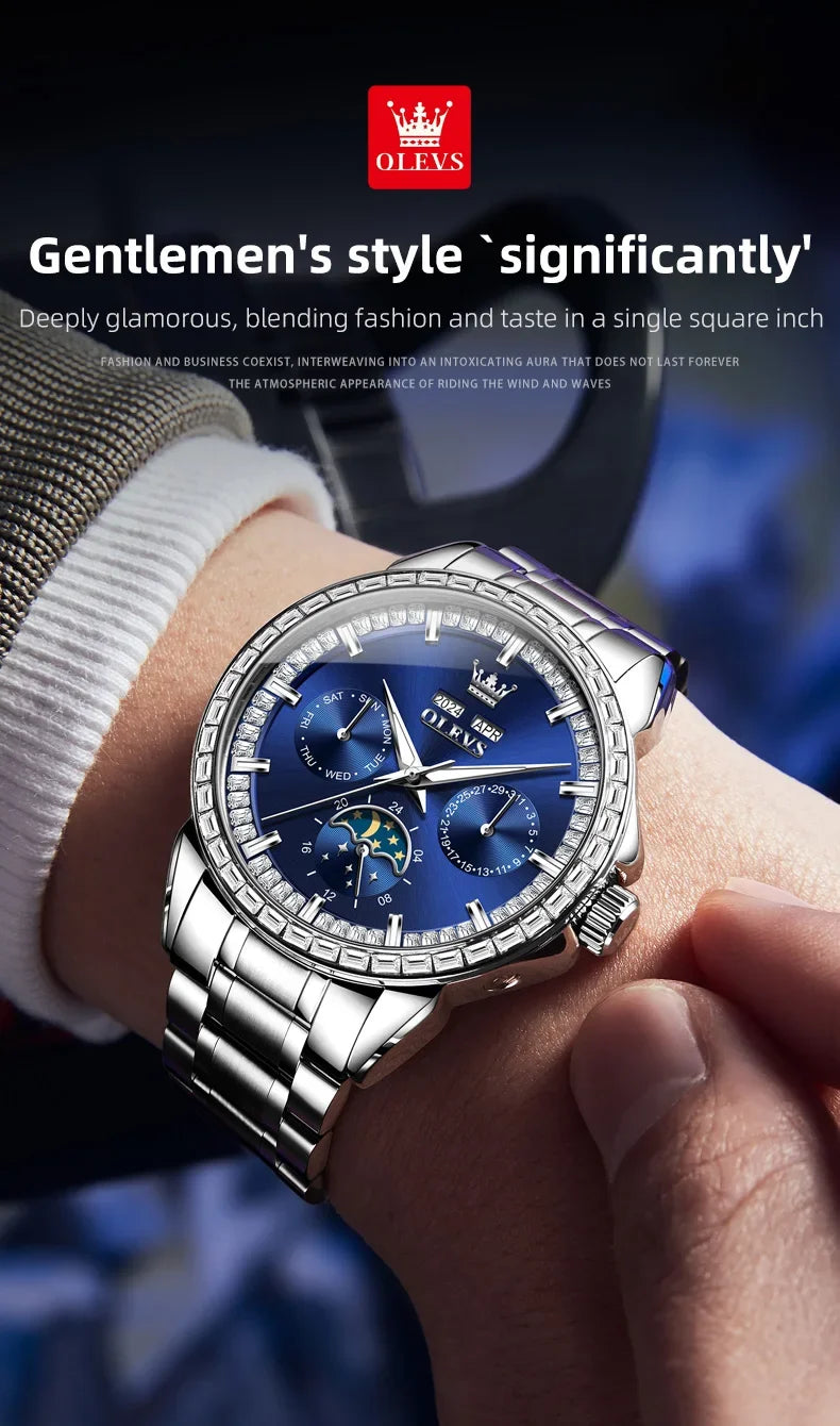 OLEVS 6695 NEW Men's Watches Full Multifunctional Dial Blue Leather Strap Calendar Week Moon Phase Waterproof Wristwatch