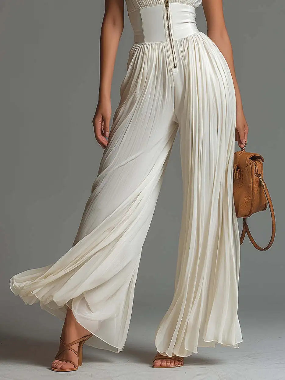 Spring Summer Women White Ruched Halter Jumpsuit Playsuit Wide Leg Romper